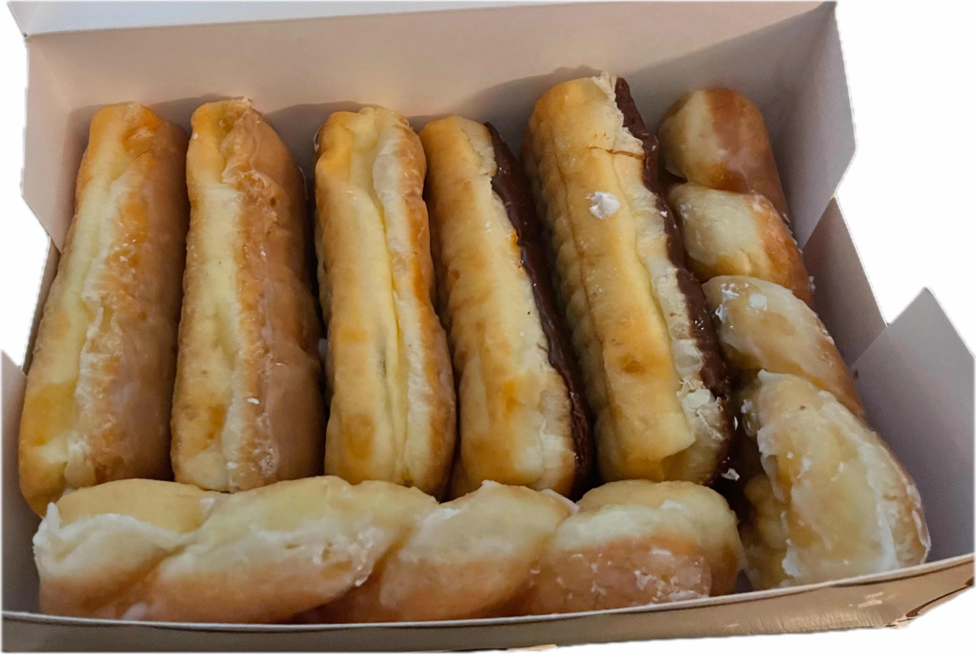 A box of glazed and chocolate long johns